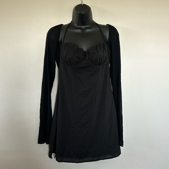 Princess Polly Dyer Black Long Sheer Sleeve Tie Neck Mini Dress - Picture 4 of 13